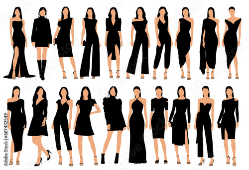 set of fashion woman stylish black outfits full silhouettes vector illustration photo