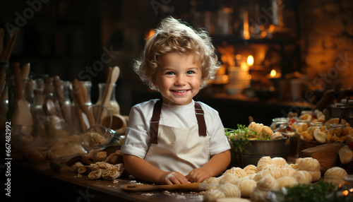 Happy little boy learning how to cook on a kitchen 