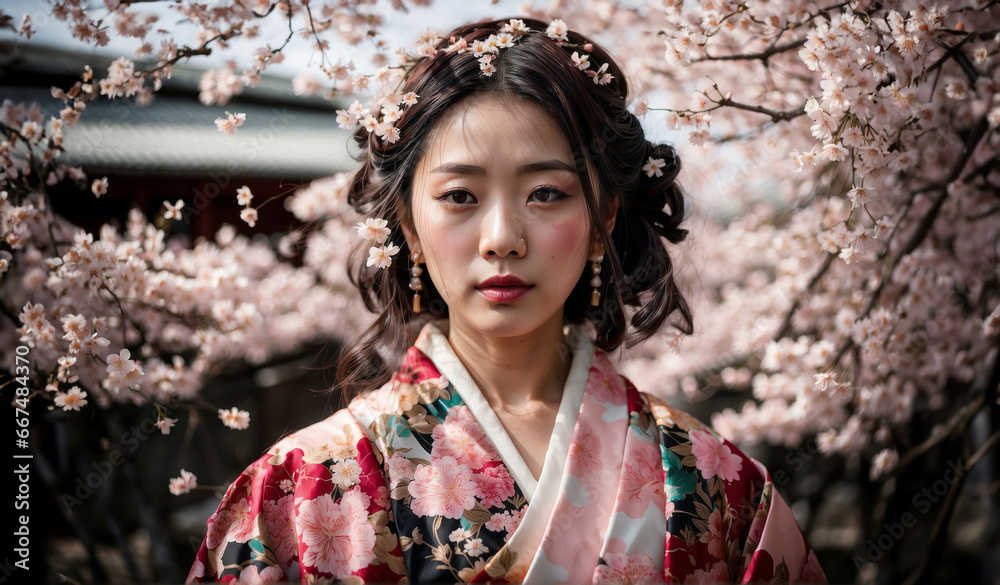 A Japanese woman wearing a traditional Japanese kimono, white with pink and red flowers. Cherry tree in the background. Day. Serenity. Generated image.