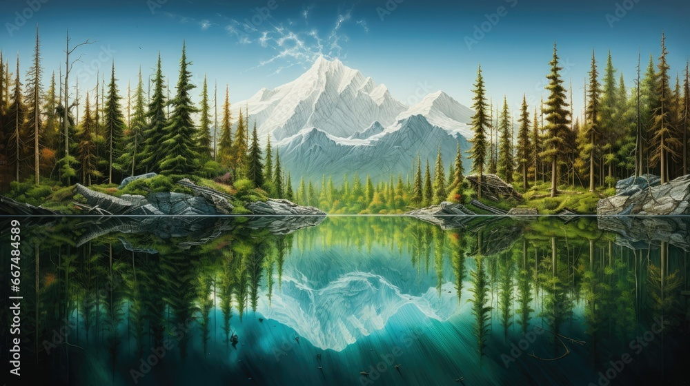  a painting of a mountain lake surrounded by trees and rocks.  generative ai - obrazy, fototapety, plakaty 