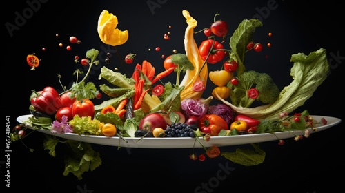  a platter of fresh vegetables falling into the air on a black background.  generative ai