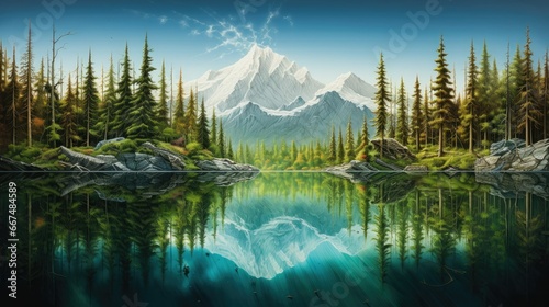  a painting of a mountain lake surrounded by trees and rocks.  generative ai photo