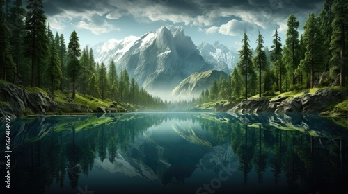  a painting of a mountain lake surrounded by trees and rocks. generative ai