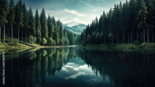  a lake surrounded by a forest with a mountain in the background. generative ai