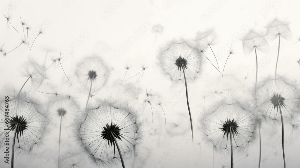 Fototapeta  black and white photograph of a dandelion blowing in the wind.  generative ai
