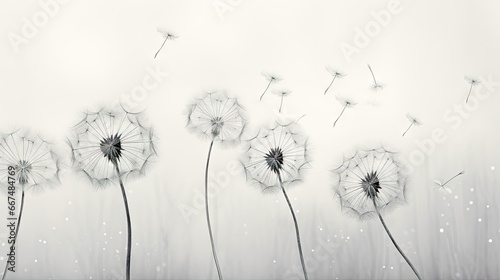  black and white photograph of dandelions blowing in the wind.  generative ai