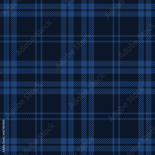 Dark navy blue tartan plaid pattern. Vector seamless check pattern for plaid fabric, flannel shirt, blanket, clothes, skirt, tablecloth, textile.