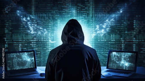 hacker man terrorist with virus computer attack to server network system online in data technology internet security hacking concept