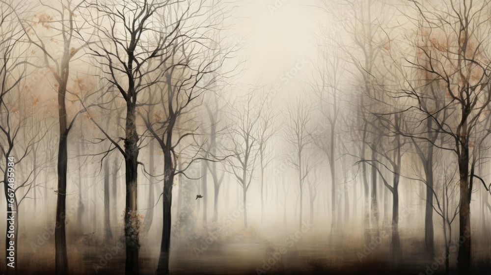Obraz premium a painting of trees in a foggy forest with a bird flying in the distance. generative ai