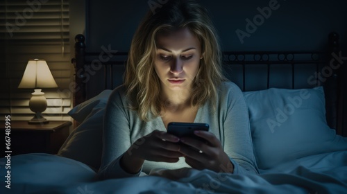 Sleepy exhausted woman lying in bed using smartphone, can not sleep. Insomnia, addiction concept. Sad girl bored in bed scrolling through social networks on mobile phone late at night in dark bedroom.