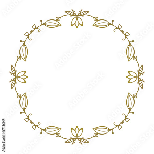 Vector golden modern elegant wreath - doodle with leaves and swirls. Greeting, wedding card, coaster design.