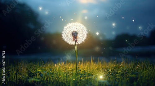  a dandelion in the grass with a sky background.  generative ai