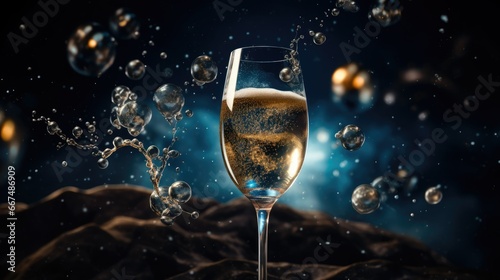  a glass of champagne with bubbles floating around it on a table.  generative ai