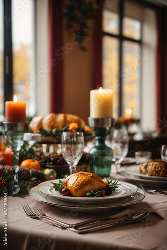 Festive table setting for Thanksgiving dinner in rustic style with roasted turkey
