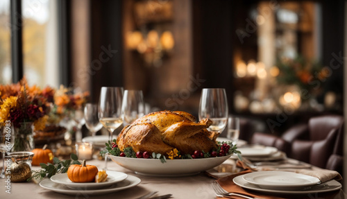 Festive table setting for Thanksgiving dinner in rustic style with roasted turkey