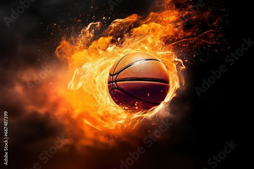 A basketball flying through the air in front of a dark background surrounded by flames