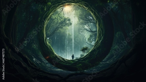  a man standing in a forest surrounded by trees and a giant round hole. generative ai