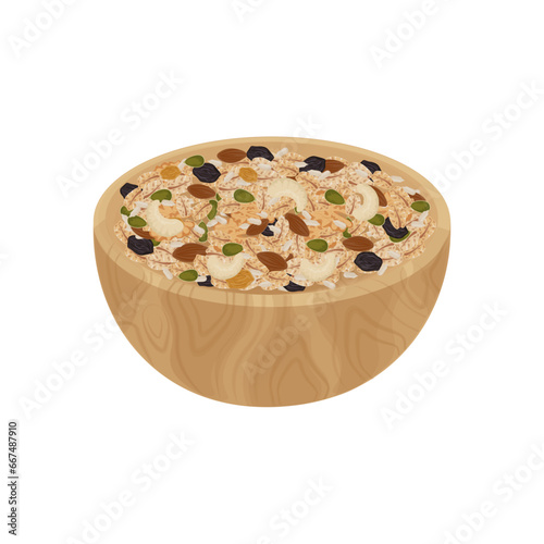 logo illustration of healthy granola grains in a wooden bowl