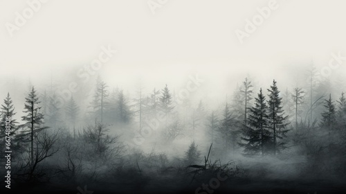  a black and white photo of a foggy forest filled with trees. generative ai