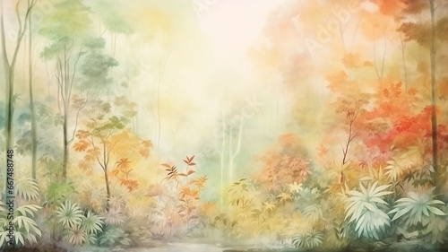 watercolor image indian summer in the jungle rainforest in the tones of golden autumn and leaf fall