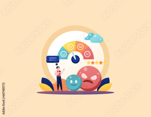 Satisfaction level of buyers, clients, or customers. customer responses. Customers are happy or angry. feedback, ratings, reviews. indicators or measuring instruments. illustration design concept. ui