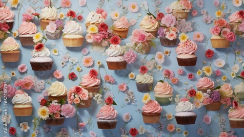  cupcakes and flowers on a blue background with pink and white frosting.  generative ai © Anna