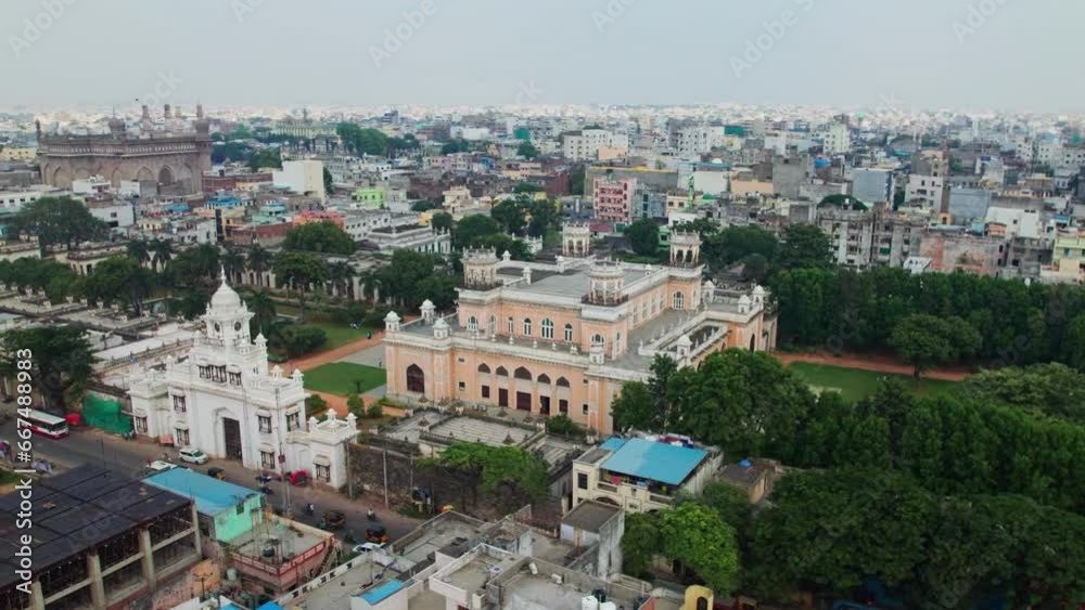 aerial drone view of Chowmahalla Palace in hyderabad, telangana with mecca masjid and charminar in the background aerial drone view of Chowmahalla Palace in hyderabad, telangana with mecca masjid and charminar in the background
