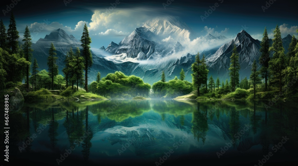  a painting of a mountain lake surrounded by trees and mountains.  generative ai