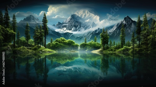  a painting of a mountain lake surrounded by trees and mountains.  generative ai © Anna