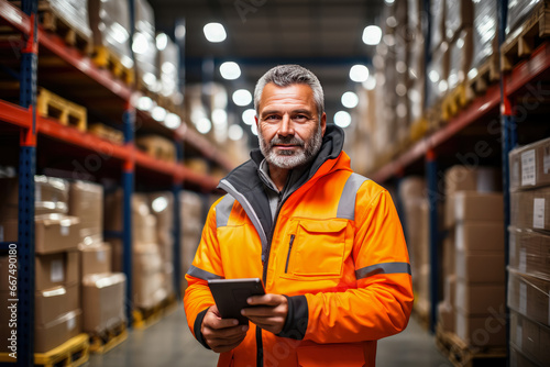 Portrait of man middle aged worker holding a tablet standing in large warehouse , Employee in logistics company near warehouse racks
