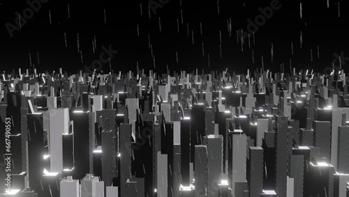 Noir city, heavy rain falling to the city at the deeply night. cool gray colored city. Deep black and shiny white metallic city. cartoon gray colored city for your background stuff. photo