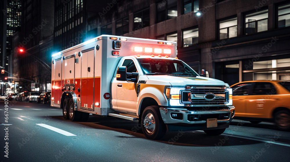 Ambulance on emergency car races to respond to the scene of an emergency with red lights on through the city on a road in the night time. Ambulance on emergency car races to respond to the scene of an emergency with red lights on through the city on a road in the night time.