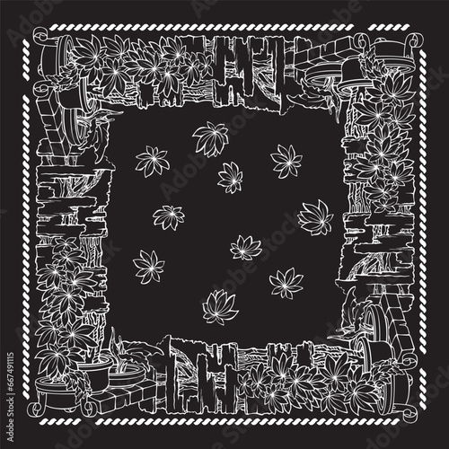 Botanical square pattern with tropical plants in flowerpots. Bandana. Vector.