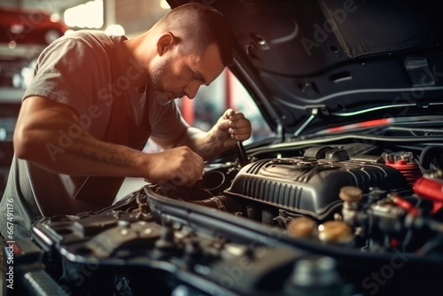 A mechanic in a workshop diagnoses and repairs the engine and car systems. Car repair and diagnostics in the garage. Modern car service. Brutal worker mechanic.