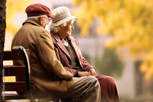 An elderly couple, a man and a woman, are sitting and hugging on a bench in the park. They enjoy communication. Date in the park. Older lovers. Relationships in old age. Love and romance. © Anoo