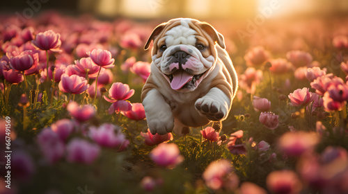 bull dog playing in flowers field Dogs feel lonely and want to play