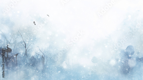 white blurred background snowfall, snowflakes falling, blizzard, watercolor image light abstract copy space blank winter greeting postcard © kichigin19