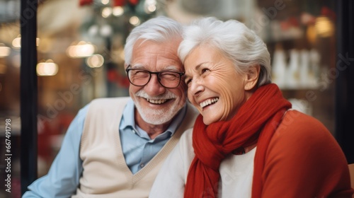 Portrait of happy senior couple tourists outdoors