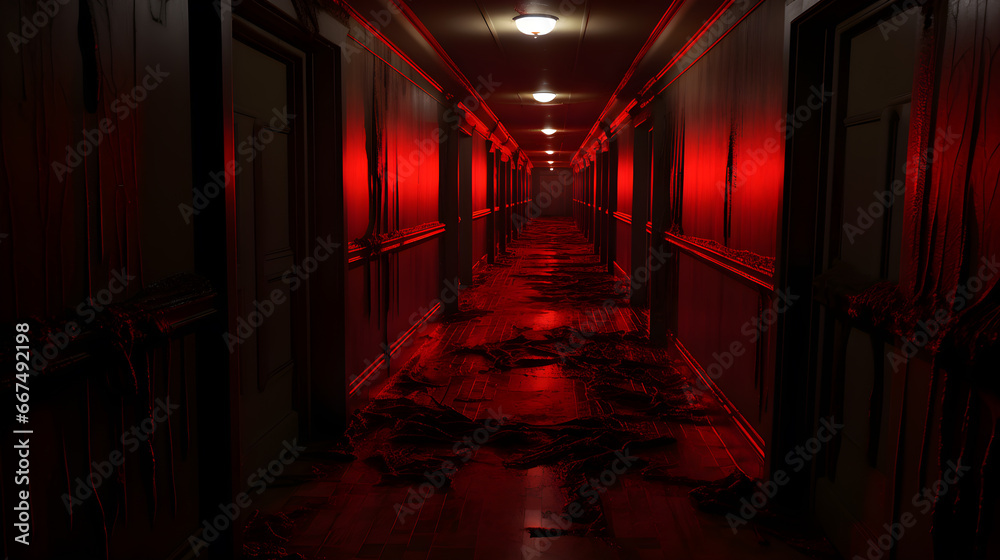 Obraz premium horror scary red corridor in the dark background horror scenery fear concept