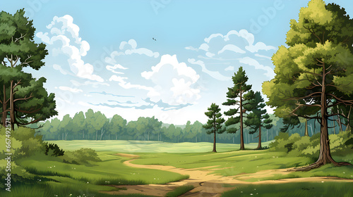 illustration of Forest landscape with trees and grass 