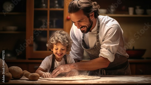 a chef teaching a child how to roll out dough on a floured counter. A father s teaching his child. father s day concept