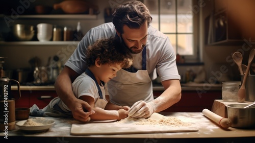 a chef teaching a child how to roll out dough on a floured counter. A father's teaching his child. father's day concept