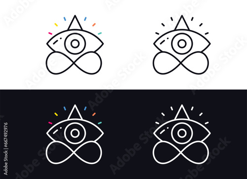 logo design that fuses the timeless infinity symbol with an eye and a triangle. This logo represents the concept of perpetual insight, endless vision, and the eternal pursuit of knowledge.