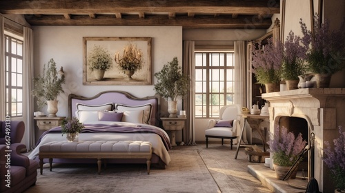 A French country-styled bedroom  with lavender accents  wrought iron details  and rustic wooden beams.
