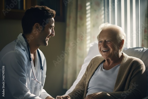 a doctor and a patient. doctor in a white coat talking with a patient in Hospital Room © Gasi