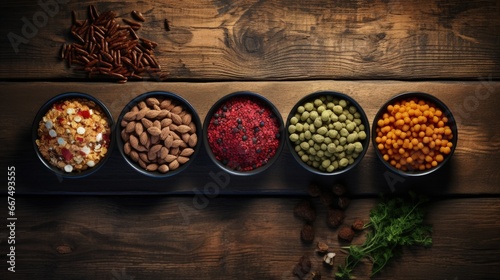 Natural dog food ingredients in four bowls on a vintage wooden surface