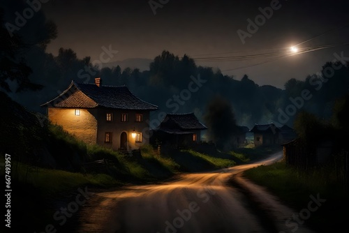 Full moon over quite village at night. Beautiful night landscape 