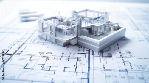 Building construction on architecture blueprint