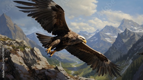A golden eagle, talons outstretched, moments away from grasping its prey on a rugged mountainside.