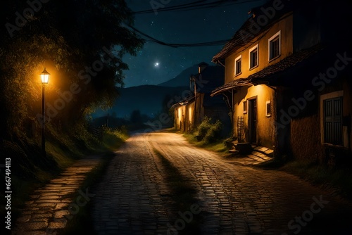 Full moon over quite village at night. Beautiful night landscape 